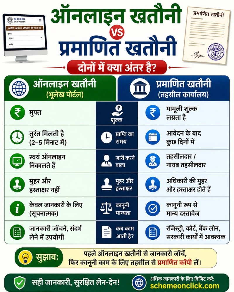 ऑनलाइन खतौनी vs प्रमाणित खतौनी (Comparison Chart)